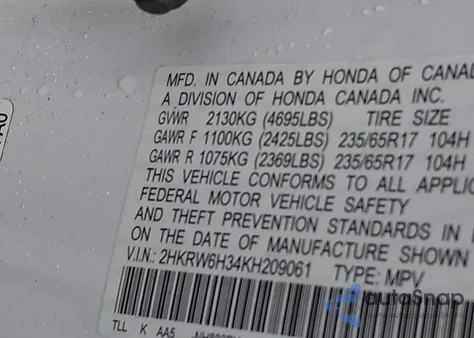 2019 Honda Cr-V Lx из США, поврежденный, VIN 2HKRW6H34KH209061